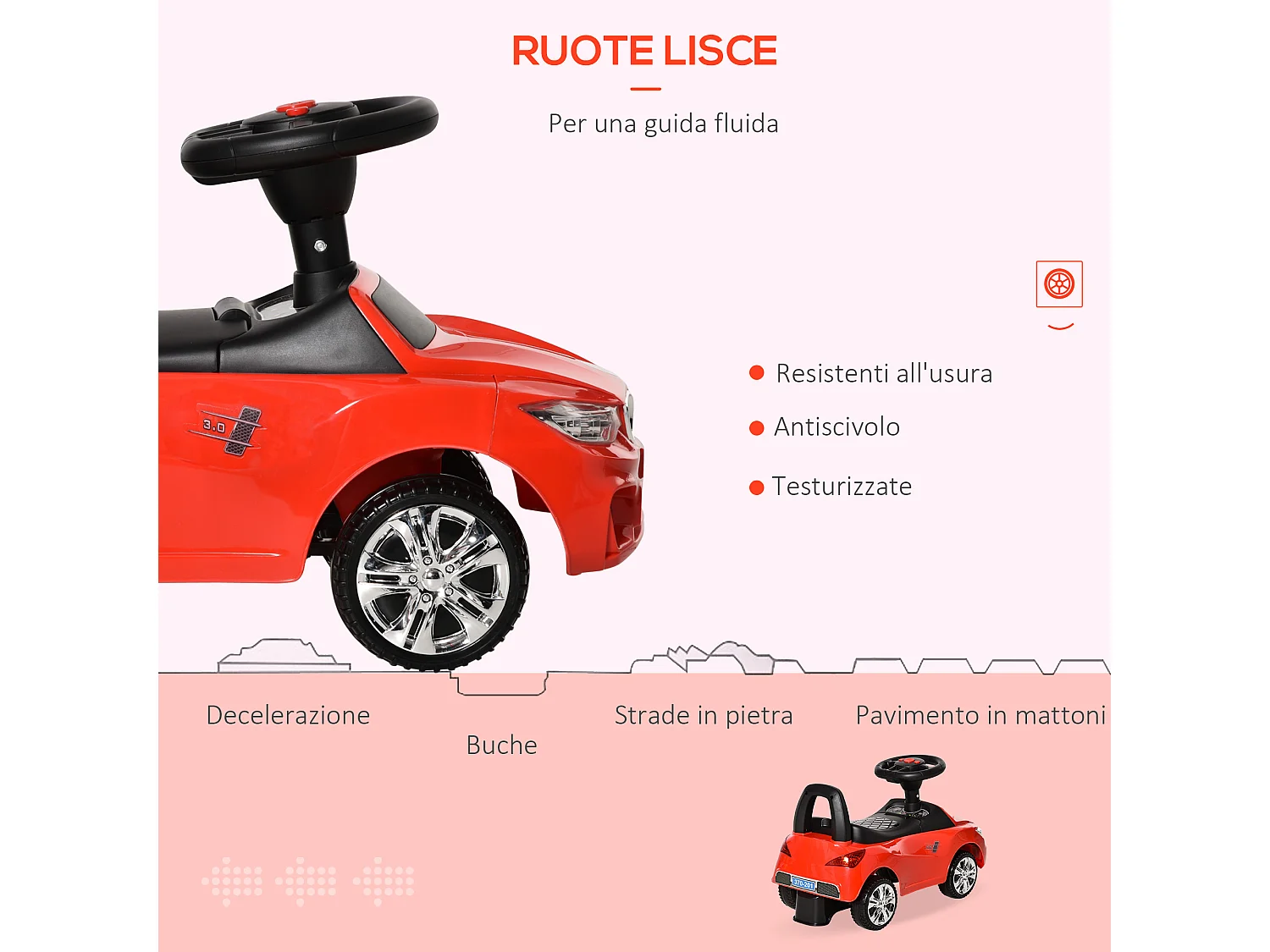 Macchina cavalcabile per bambini 18-36 mesi con volante e fari rosso