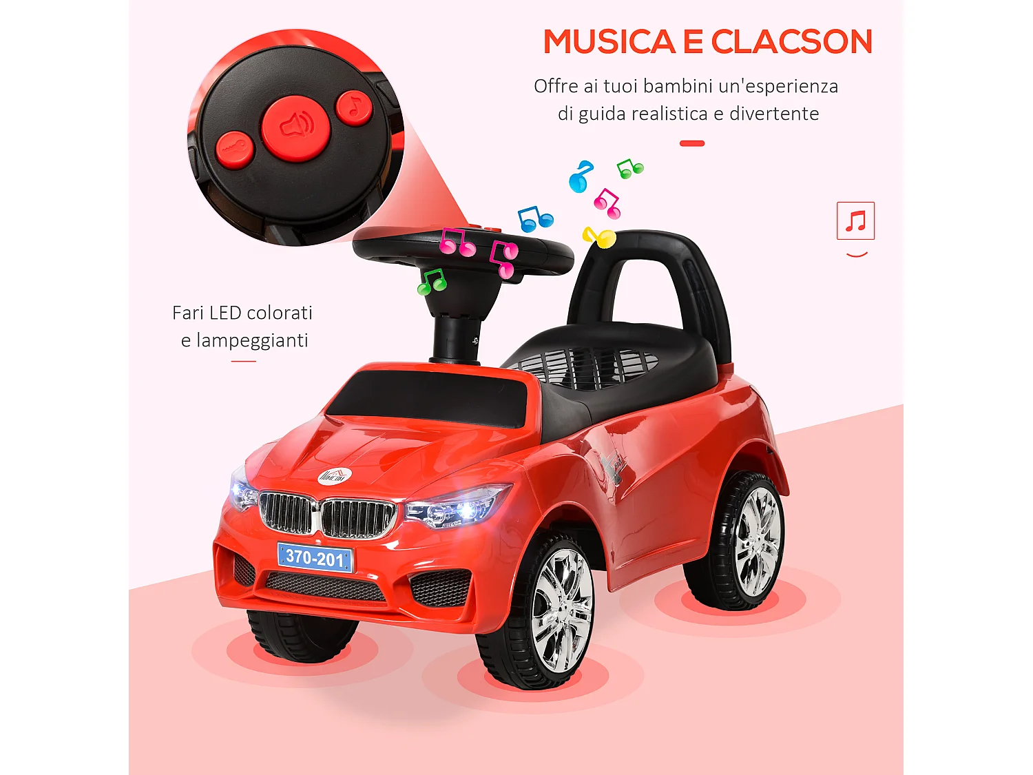 Macchina cavalcabile per bambini 18-36 mesi con volante e fari rosso