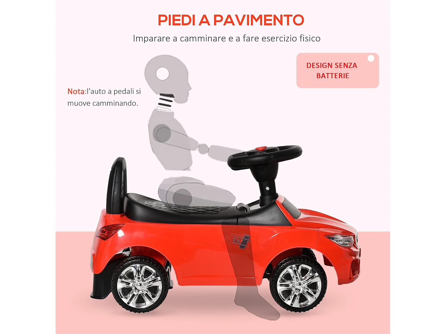 Macchina cavalcabile per bambini 18-36 mesi con volante e fari rosso