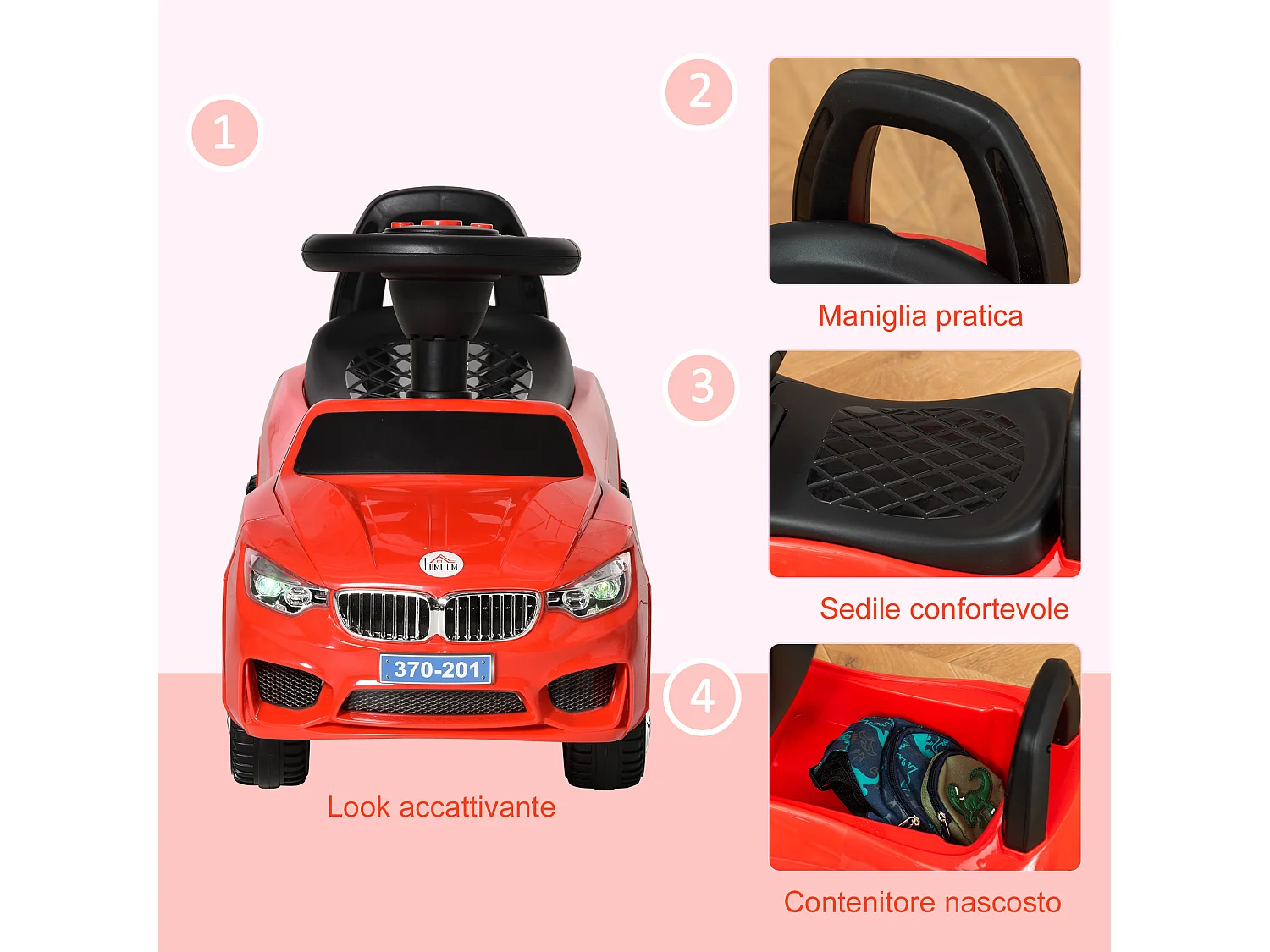 Macchina cavalcabile per bambini 18-36 mesi con volante e fari rosso