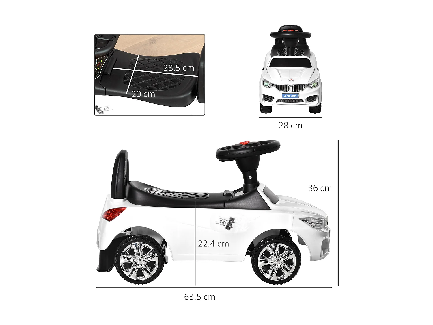 Macchina cavalcabile per bambini 18-36 mesi con volante e fari bianco