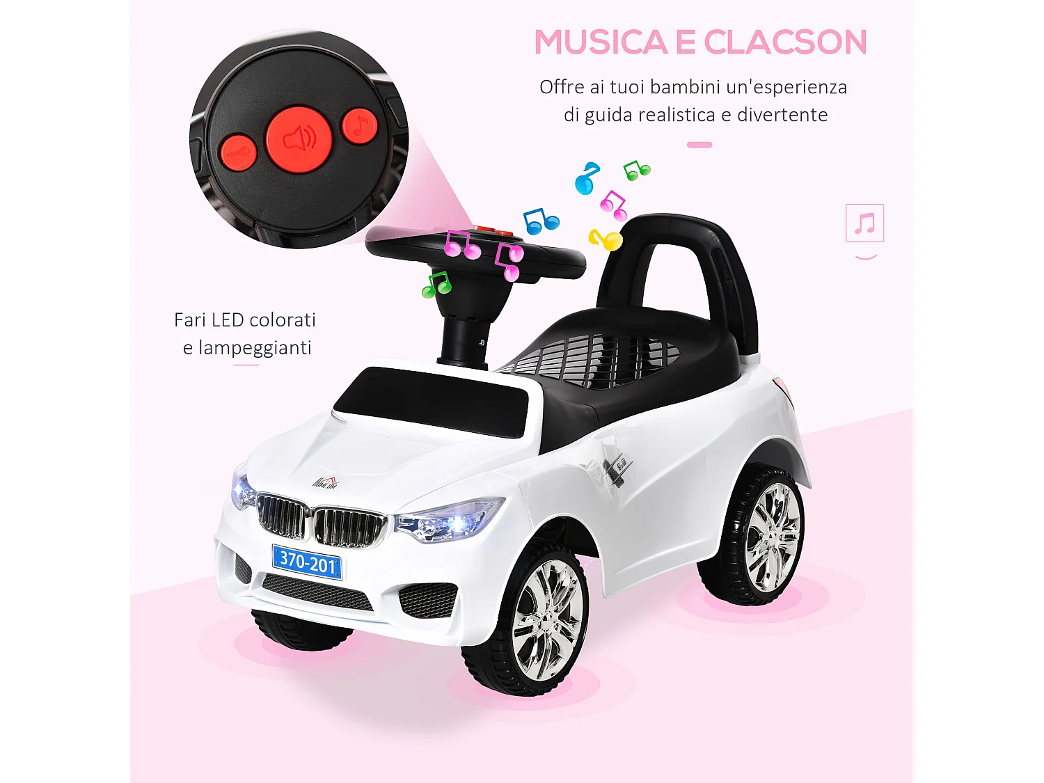 Macchina cavalcabile per bambini 18-36 mesi con volante e fari bianco