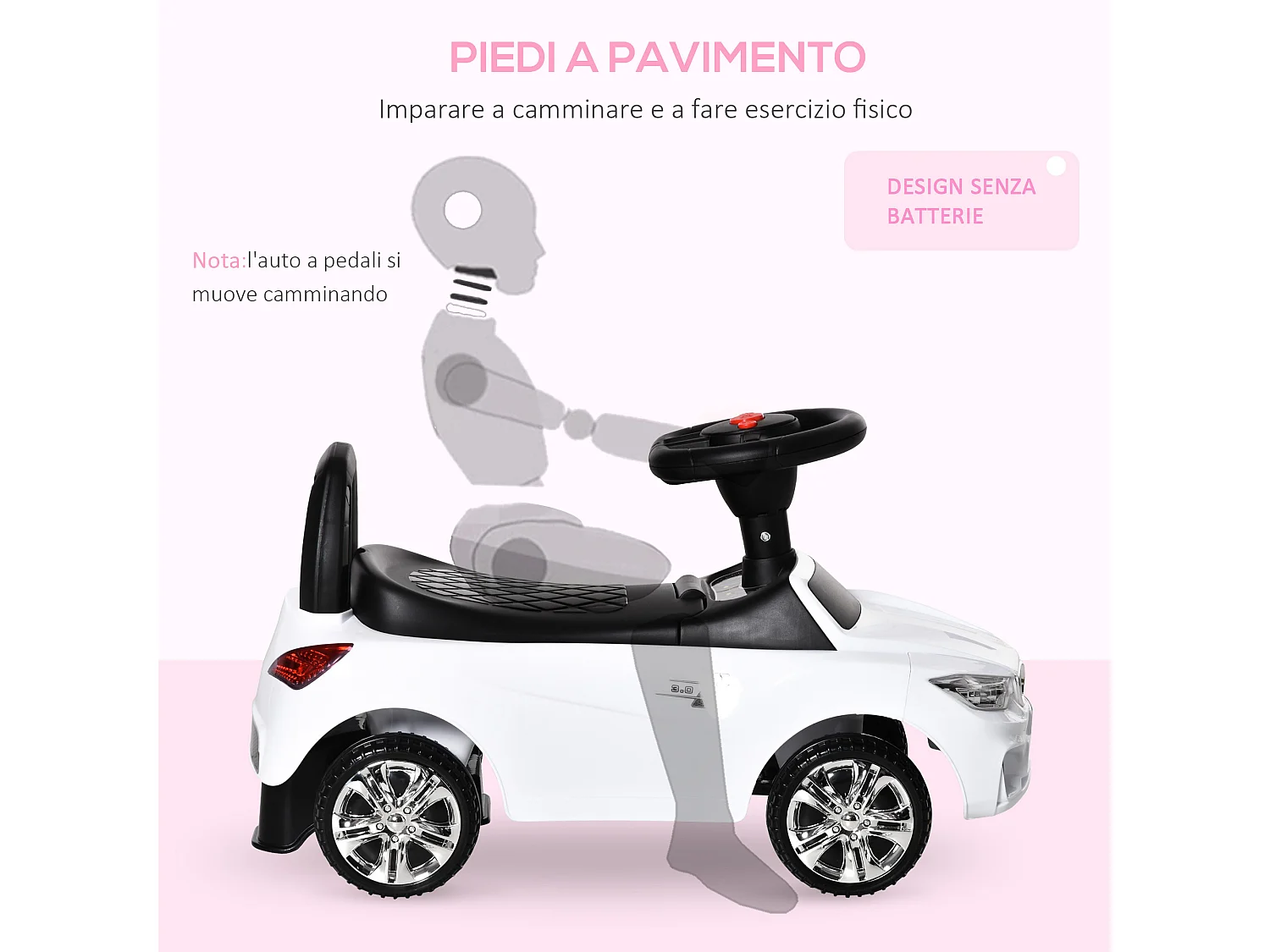 Macchina cavalcabile per bambini 18-36 mesi con volante e fari bianco