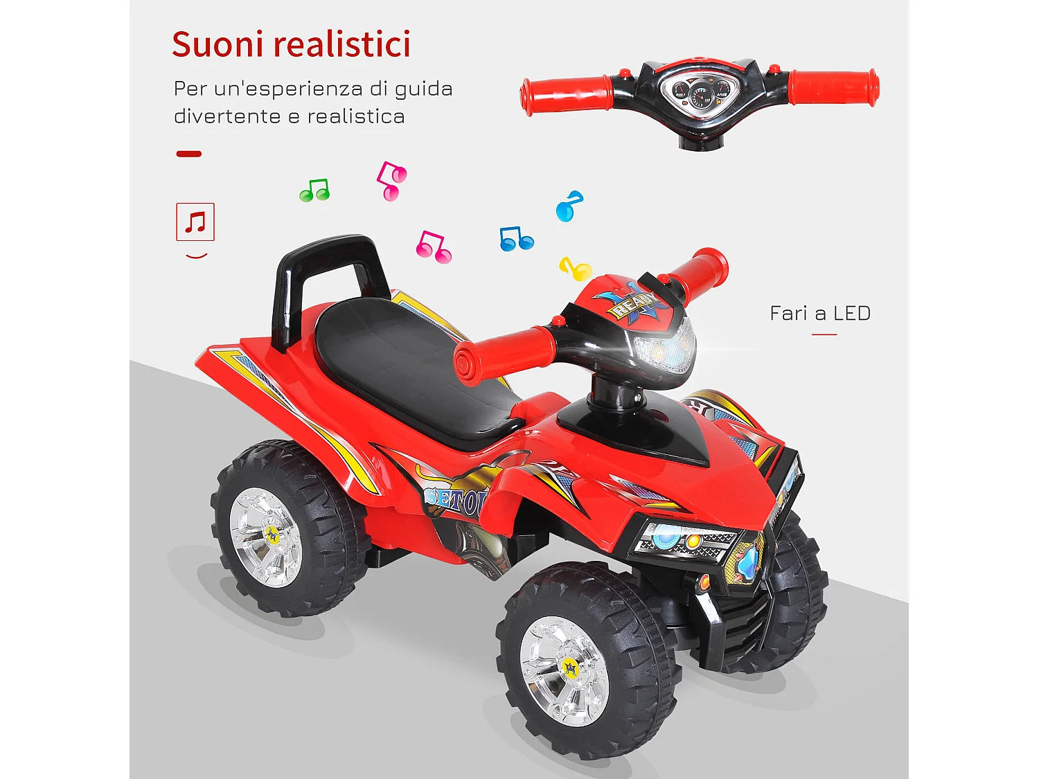 Quad per bambini con clacson musica e luci rosso