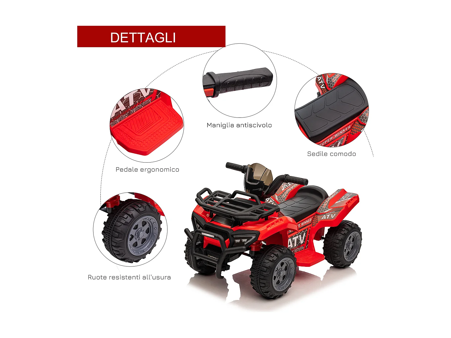 Quad elettrico per bambini batteria 6v fari funzionanti pedale