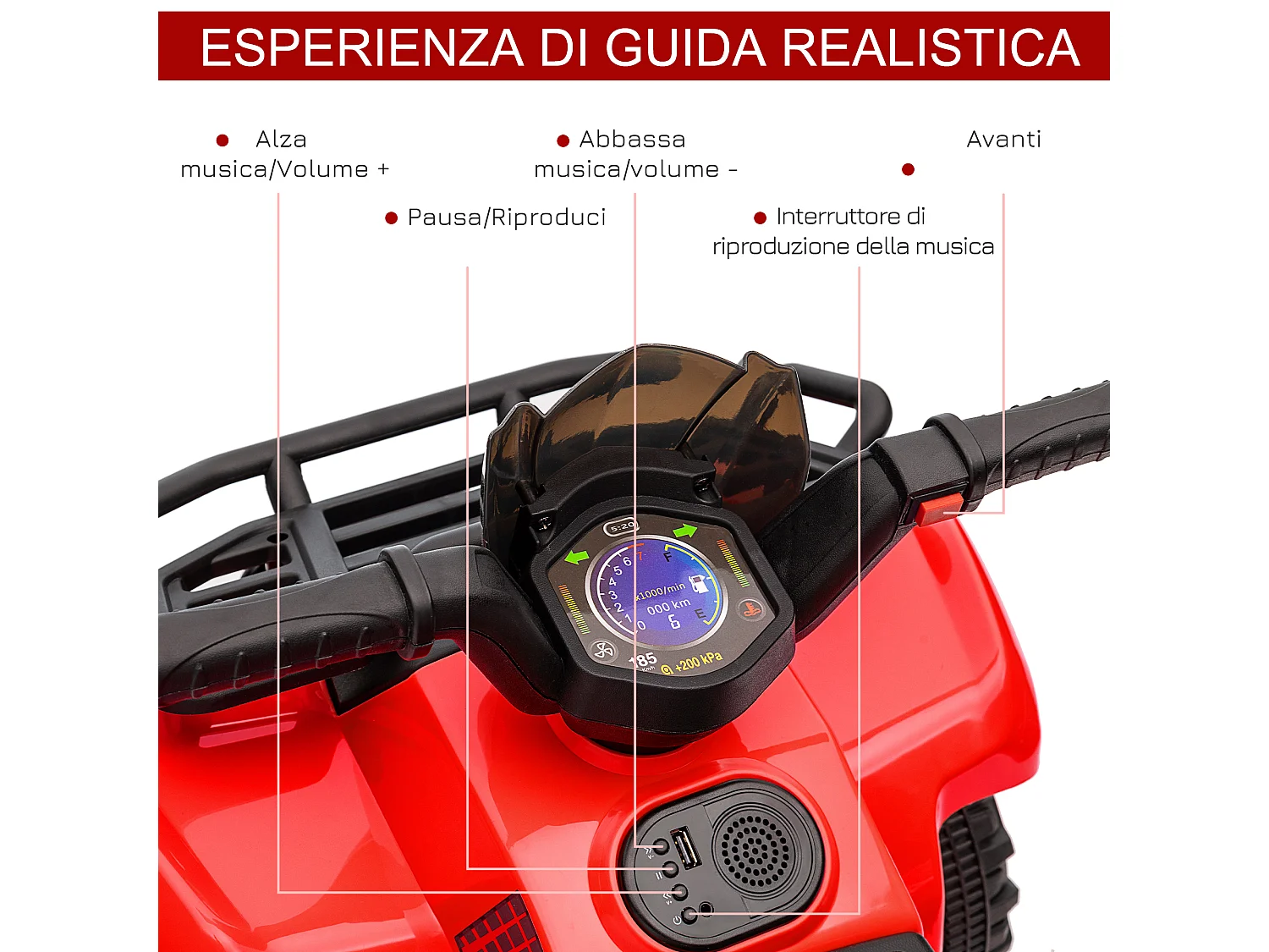 Quad elettrico per bambini batteria 6v fari funzionanti pedale