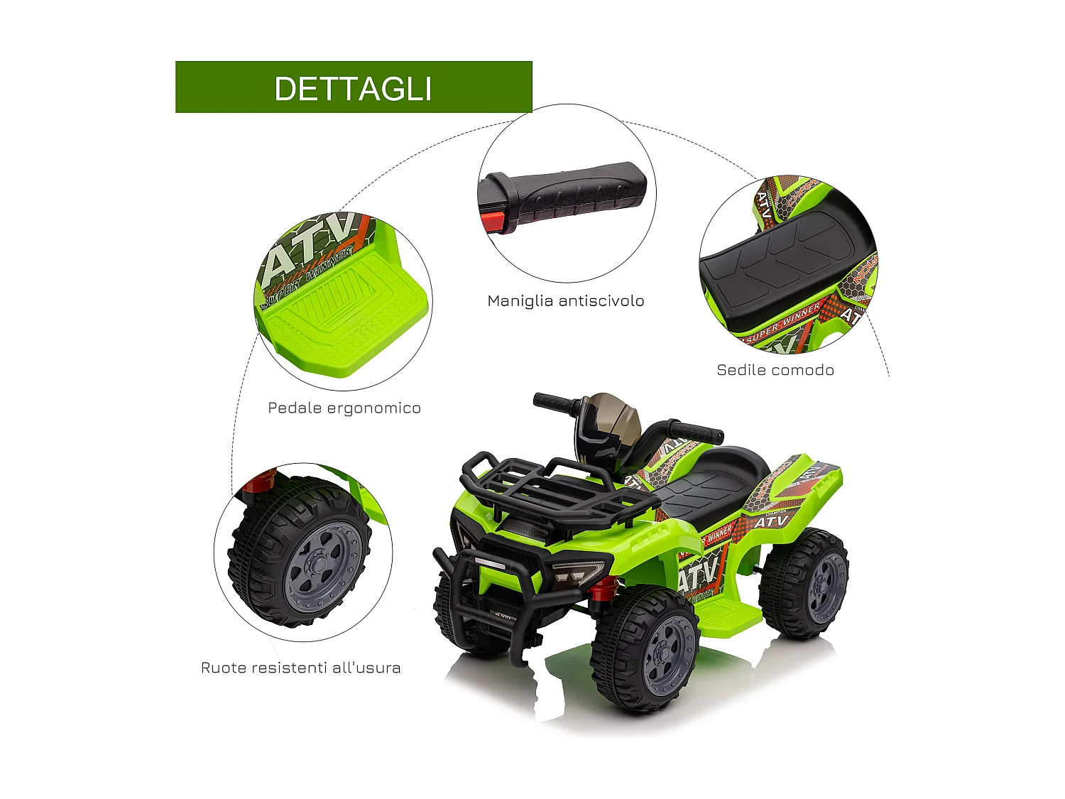 Quad elettrico per bambini 18-36 mesi con batteria 6v e fari verde