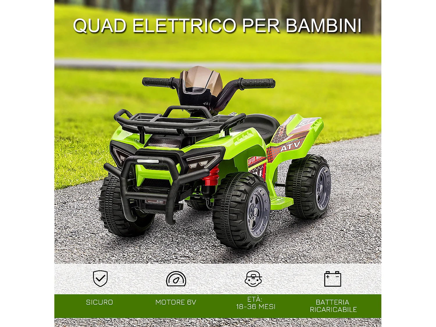 Quad elettrico per bambini 18-36 mesi con batteria 6v e fari verde