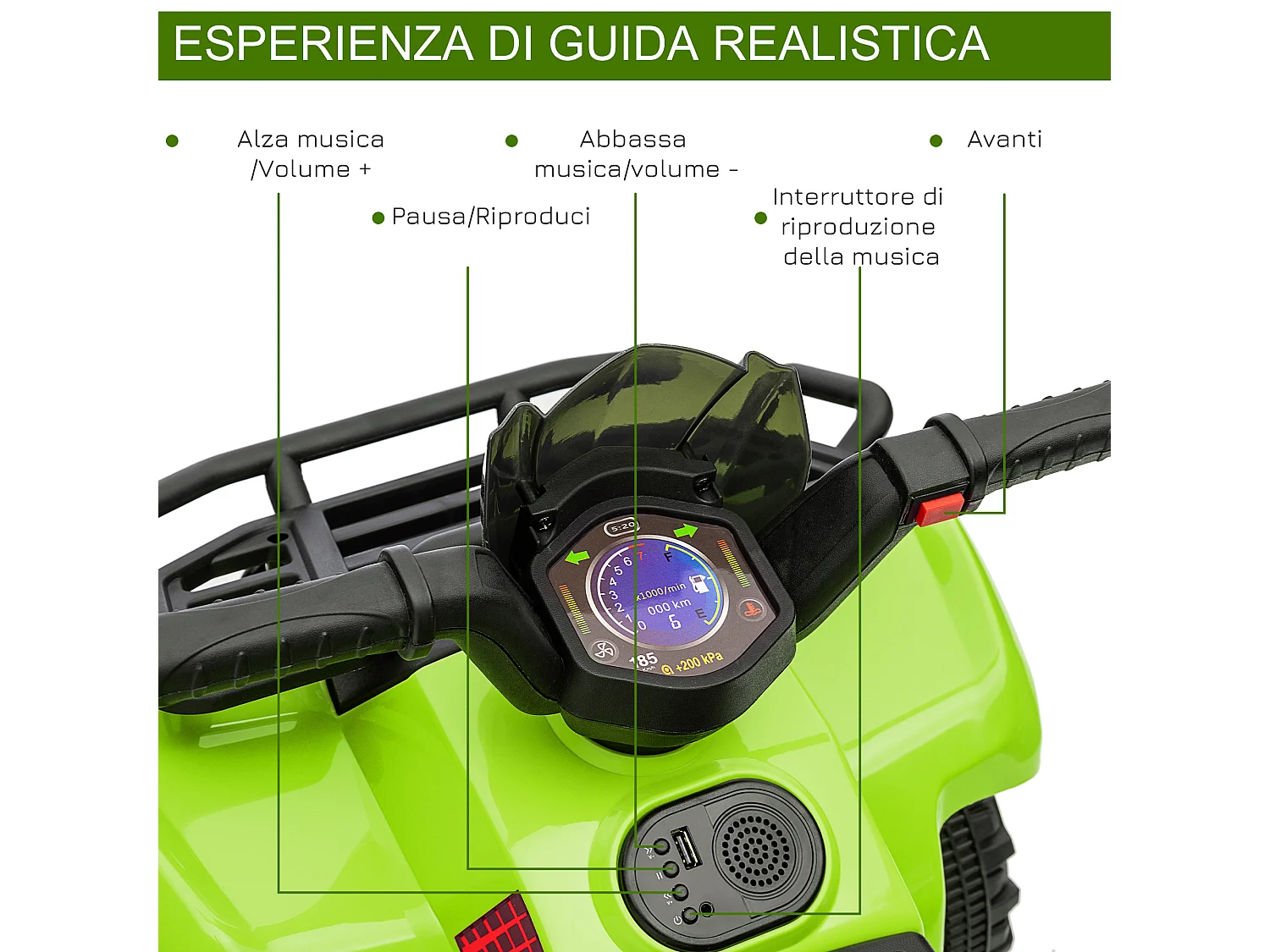 Quad elettrico per bambini 18-36 mesi con batteria 6v e fari verde