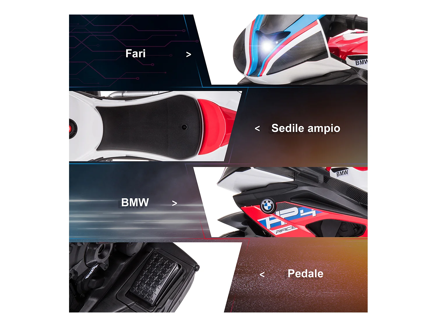 Moto per bambini 18-60 mesi con fari musica e pedali rosso