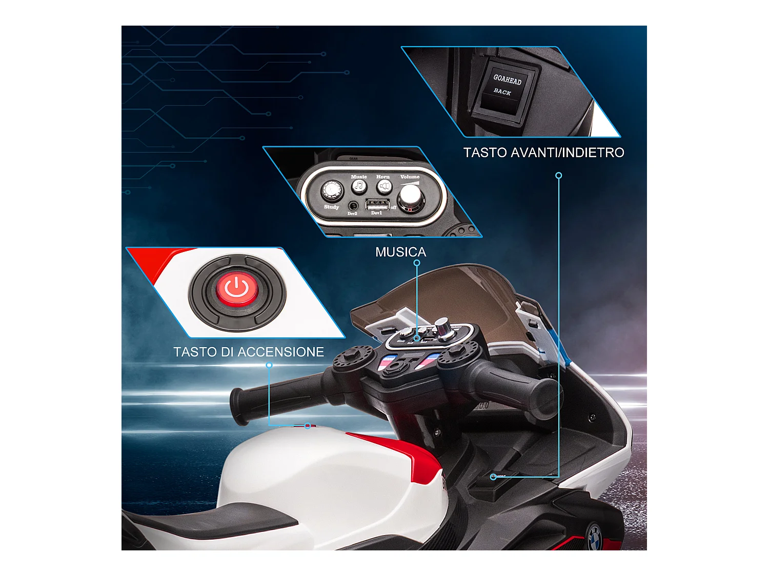 Moto per bambini 18-60 mesi con fari musica e pedali rosso