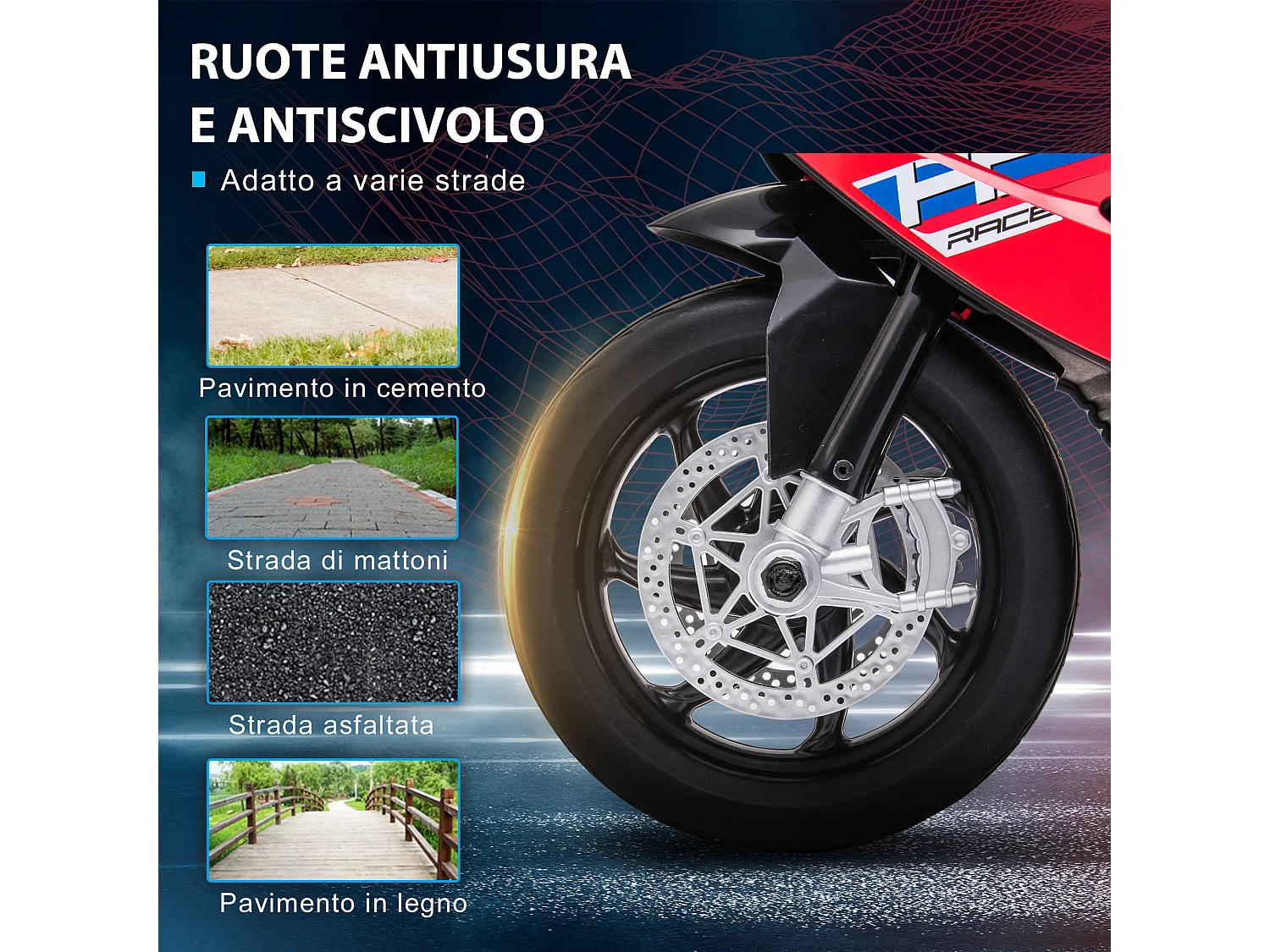 Moto per bambini 18-60 mesi con fari musica e pedali rosso