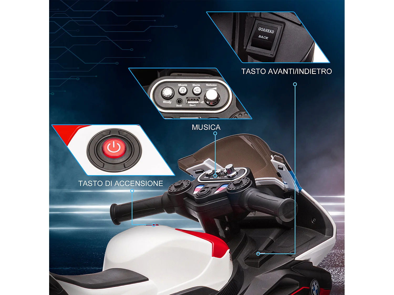 Moto per bambini 18-60 mesi con fari musica e pedali rosso