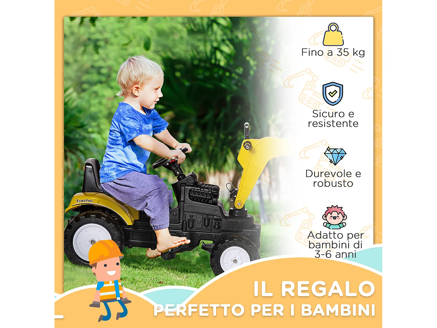 Ruspa giocattolo per bambini 3-6 anni con 6 ruote giallo