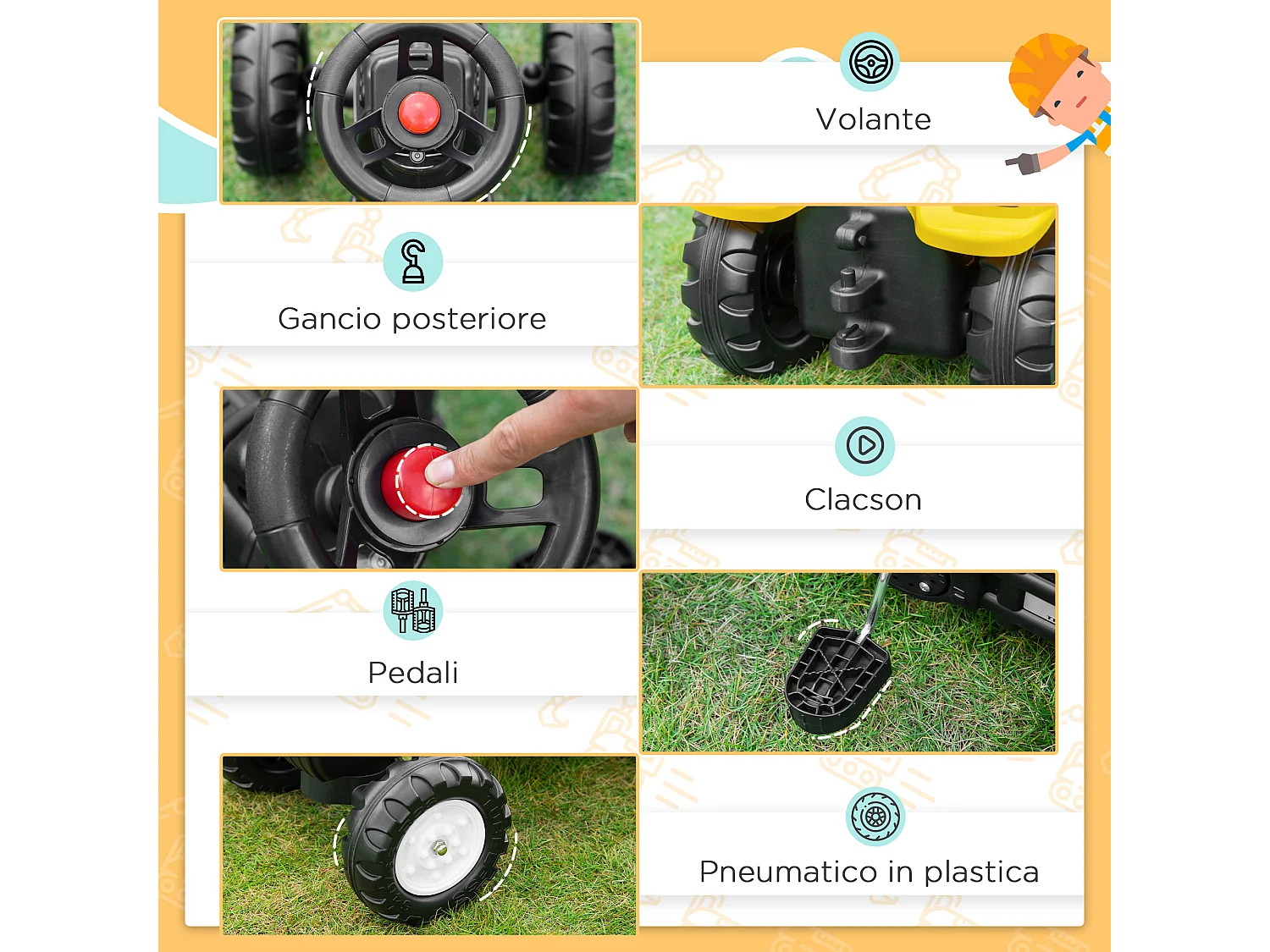 Ruspa giocattolo per bambini 3-6 anni con 6 ruote giallo