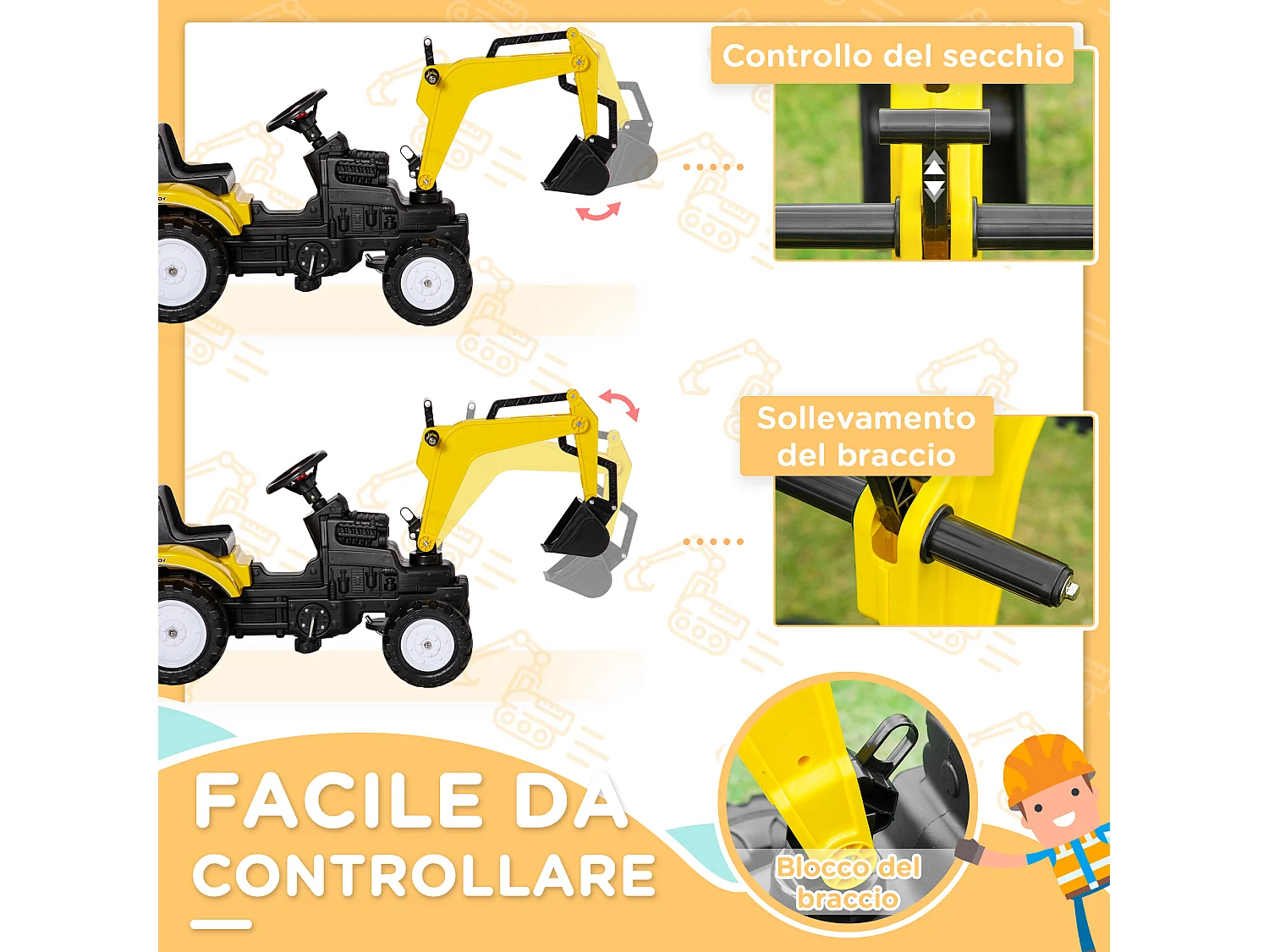 Ruspa giocattolo per bambini 3-6 anni con 6 ruote giallo