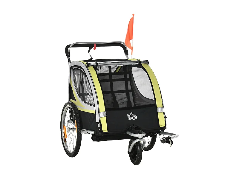 Rimorchio bici passeggino per 2 bambini e cinture di sicurezza