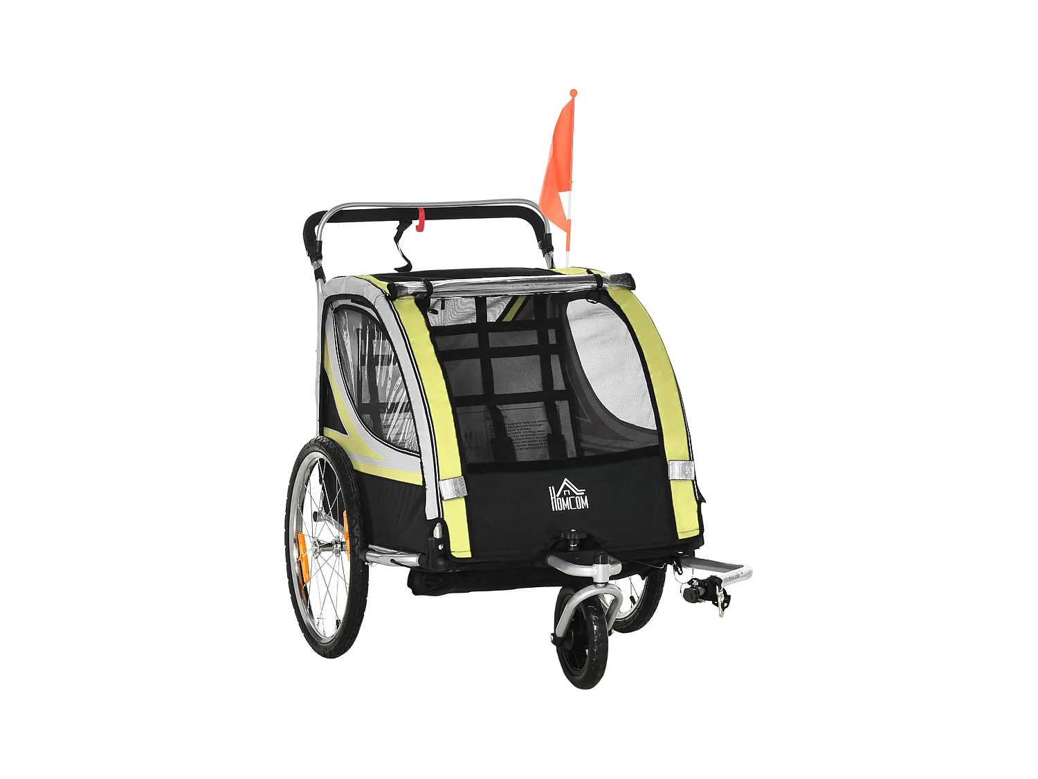 Rimorchio bici passeggino per 2 bambini e cinture di sicurezza