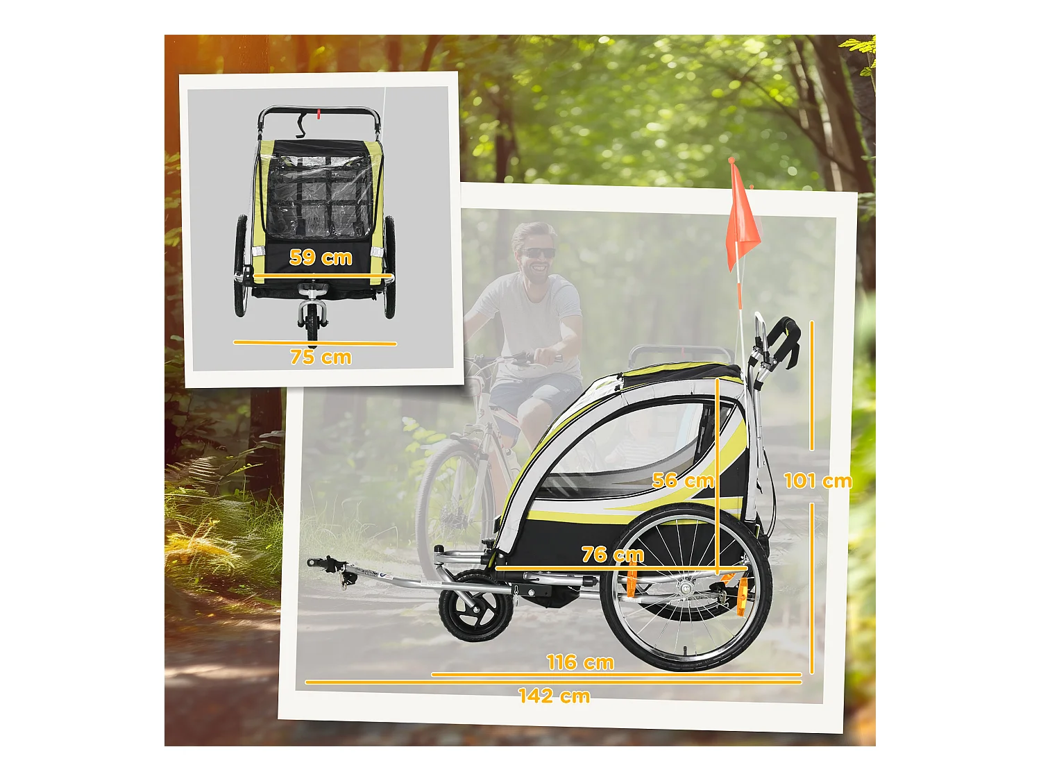 Rimorchio bici passeggino per 2 bambini e cinture di sicurezza