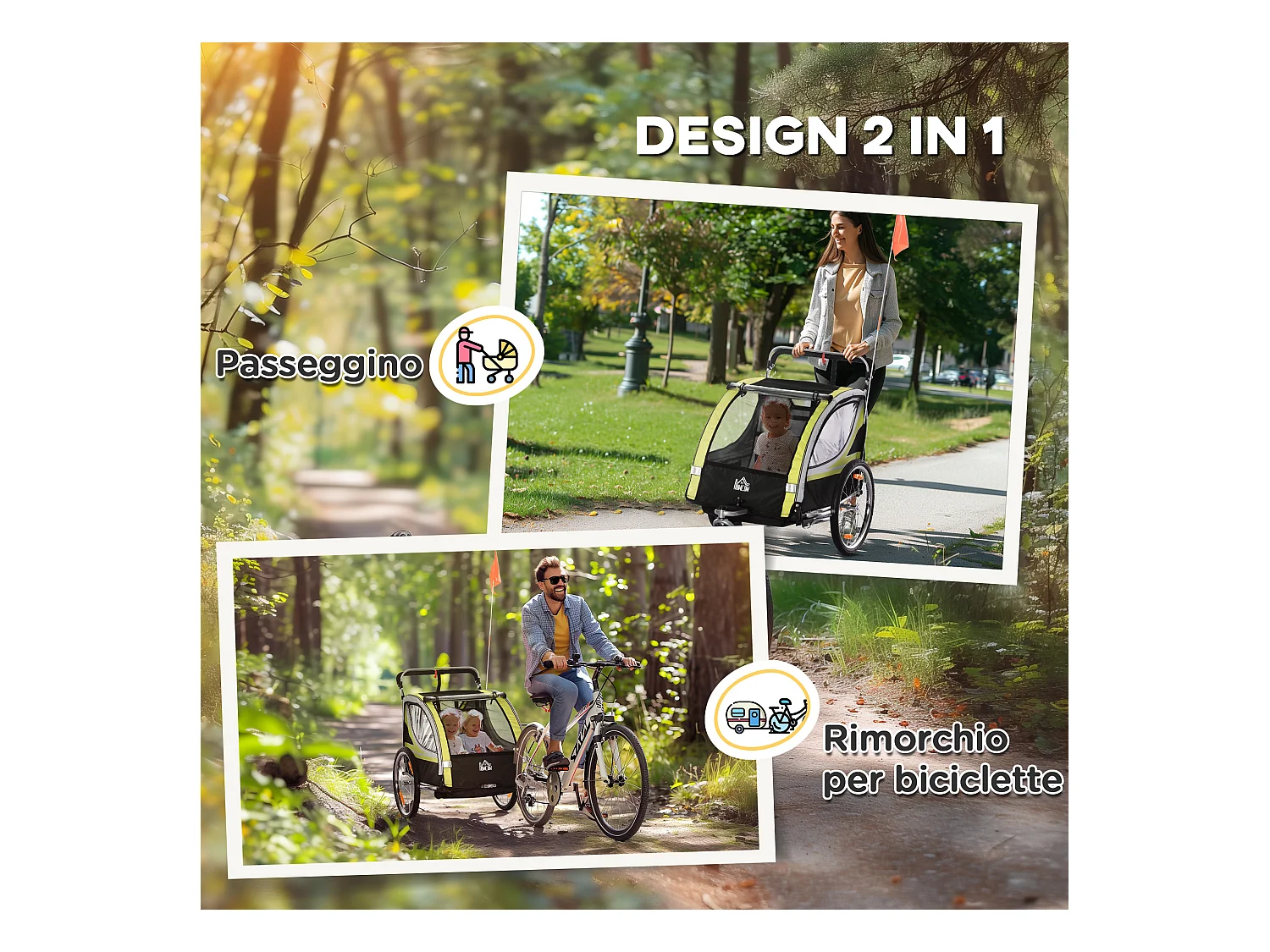 Rimorchio bici passeggino per 2 bambini e cinture di sicurezza