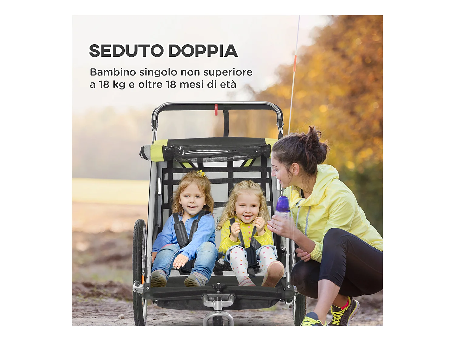 Rimorchio bici passeggino per 2 bambini e cinture di sicurezza