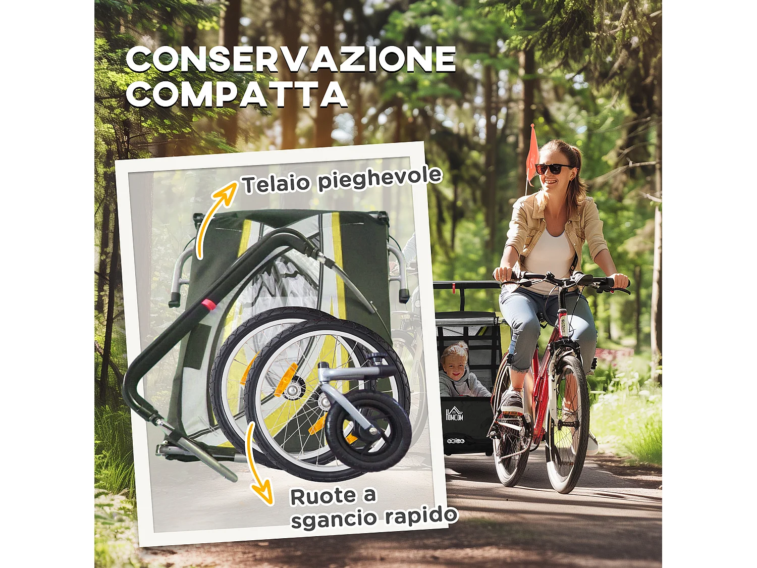 Rimorchio bici passeggino per 2 bambini e cinture di sicurezza