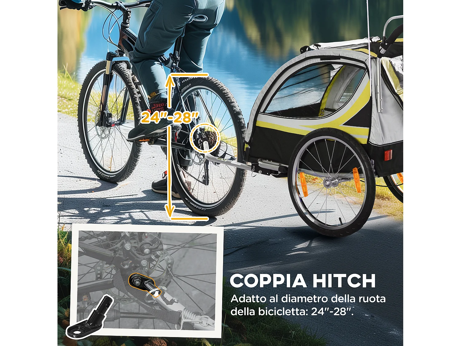 Rimorchio bici passeggino per 2 bambini e cinture di sicurezza