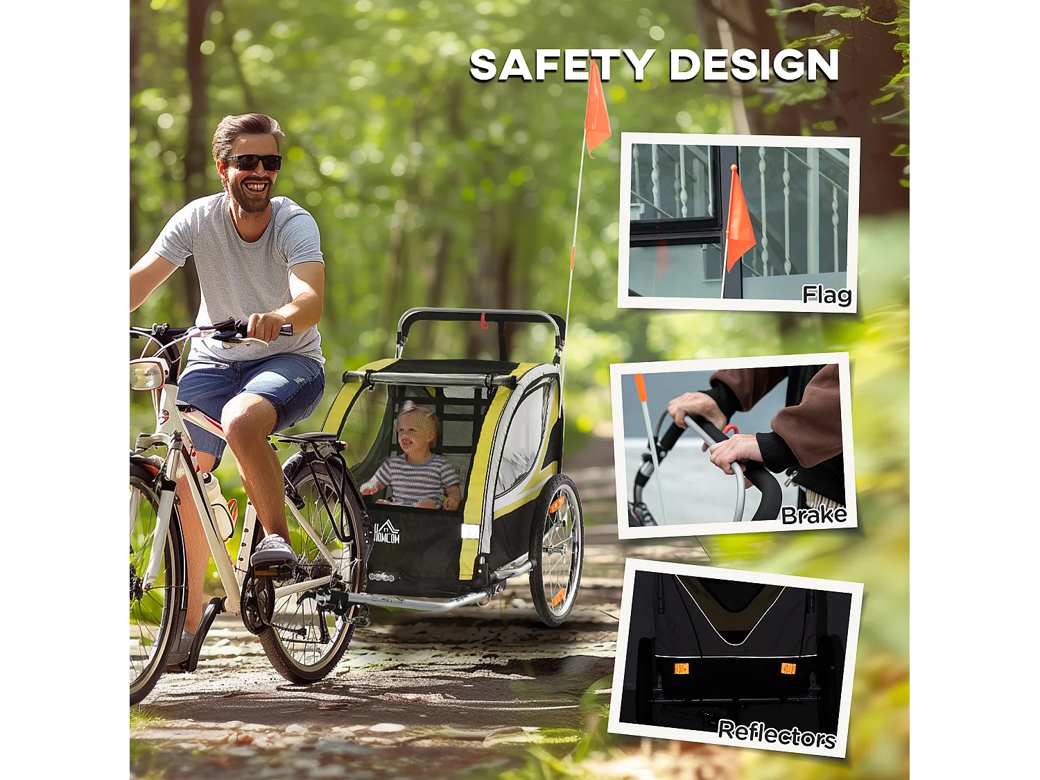 Rimorchio bici passeggino per 2 bambini e cinture di sicurezza