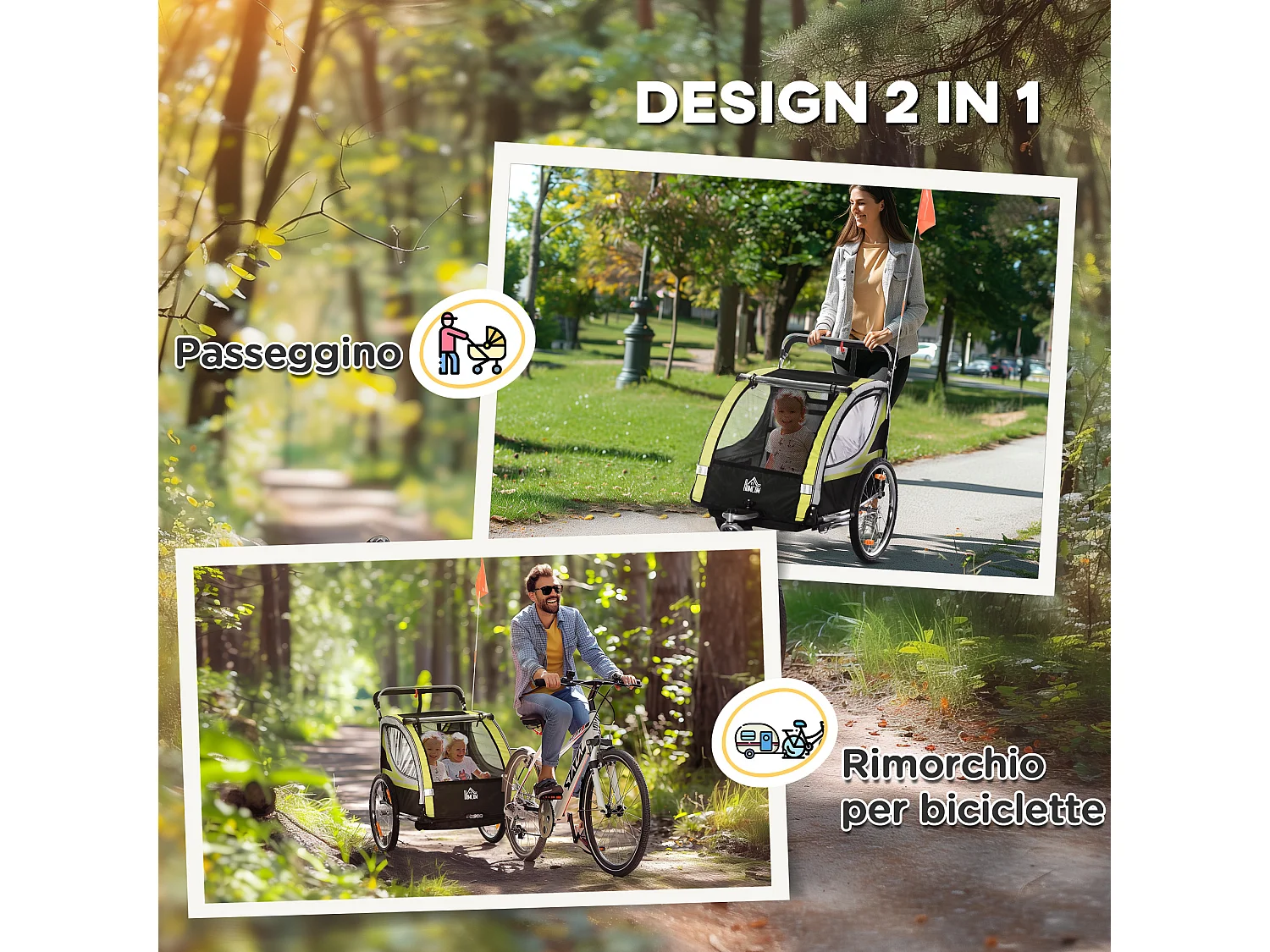 Rimorchio bici passeggino per 2 bambini e cinture di sicurezza