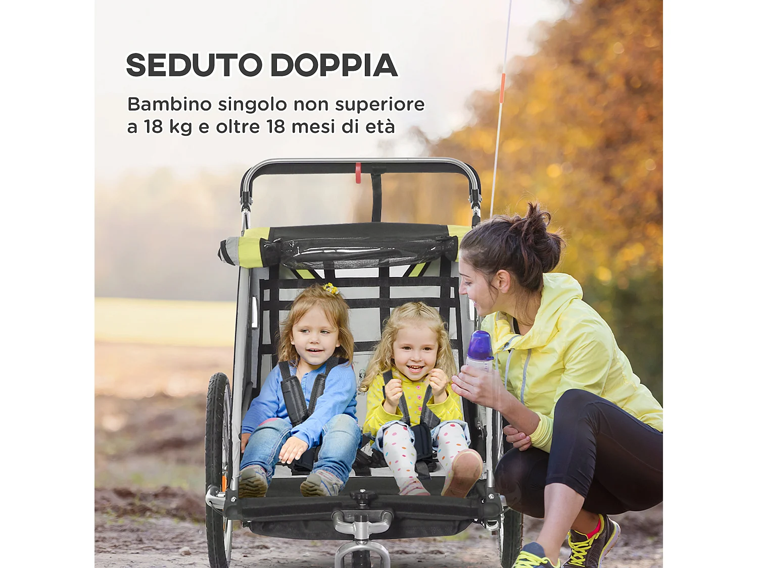 Rimorchio bici passeggino per 2 bambini e cinture di sicurezza