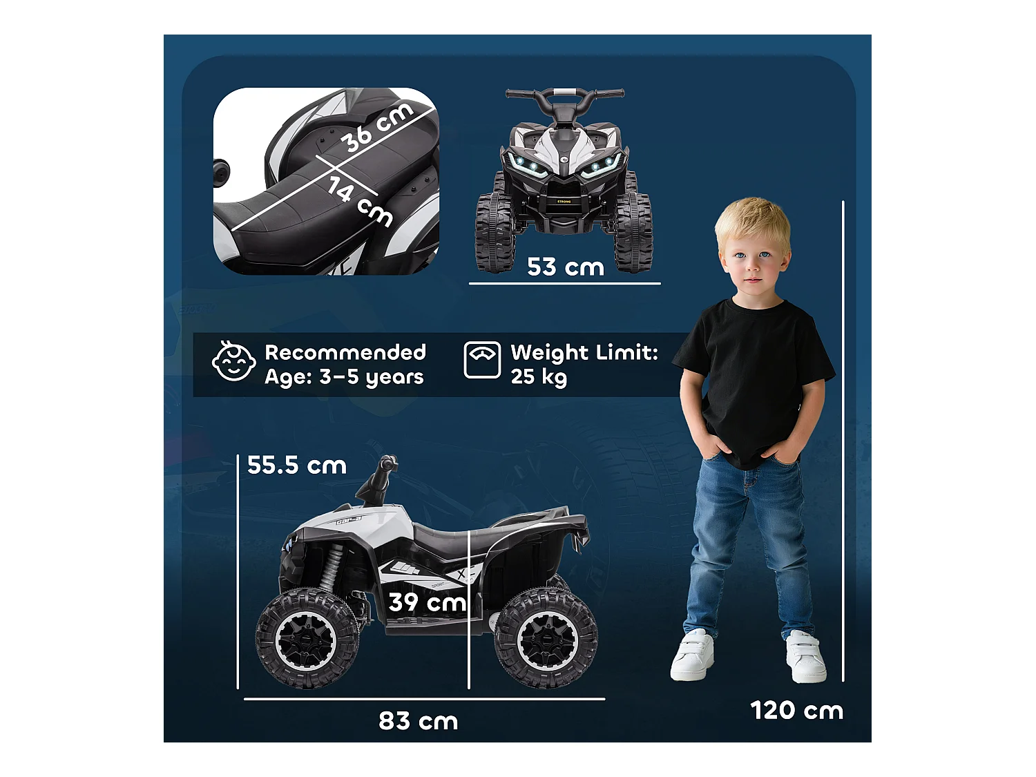 Quad per bambini elettrico 12v 2 velocità e clacson bianco