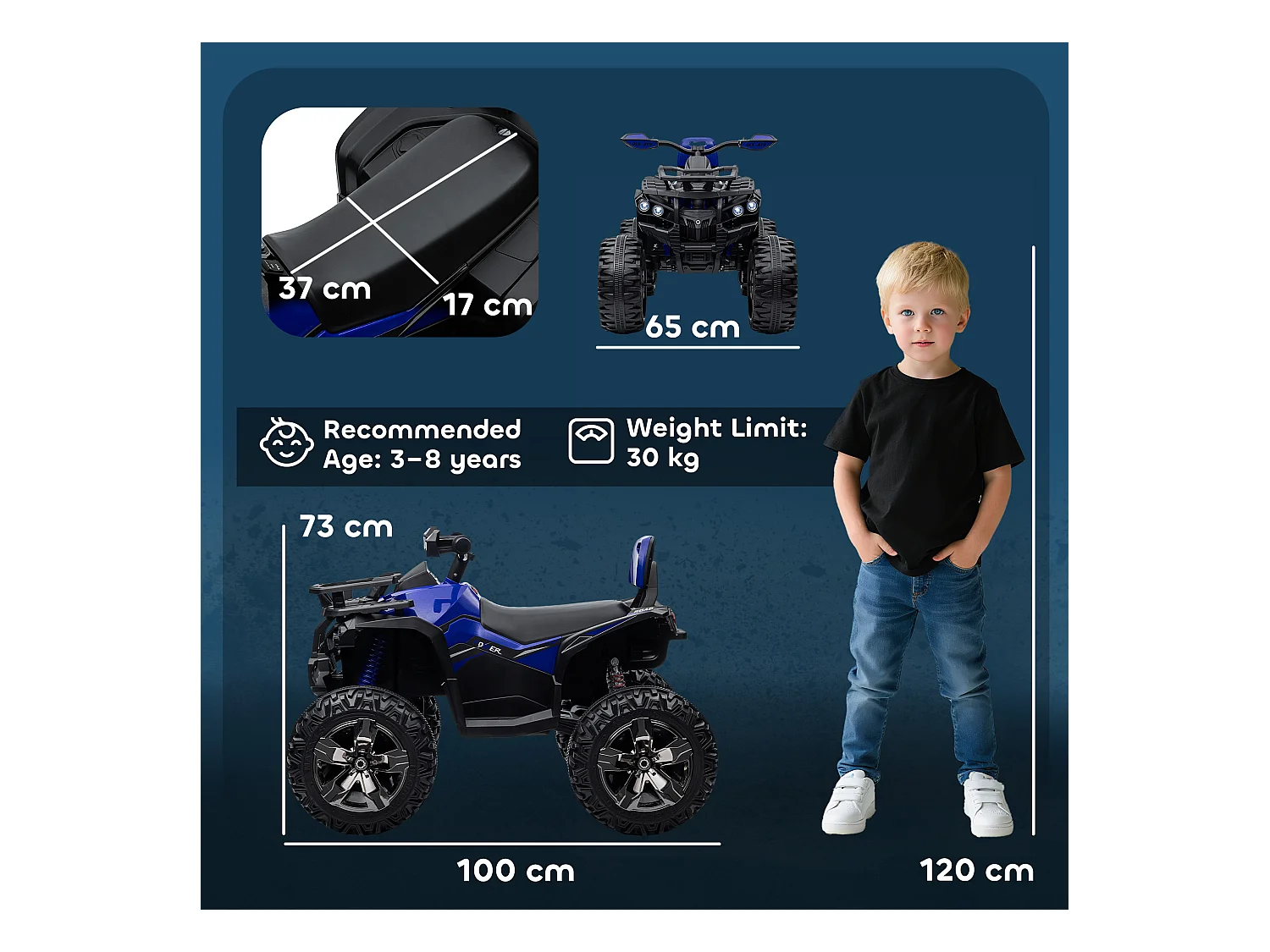 Quad elettrico per bambini 12v con fari e pedale in pp e metallo blu