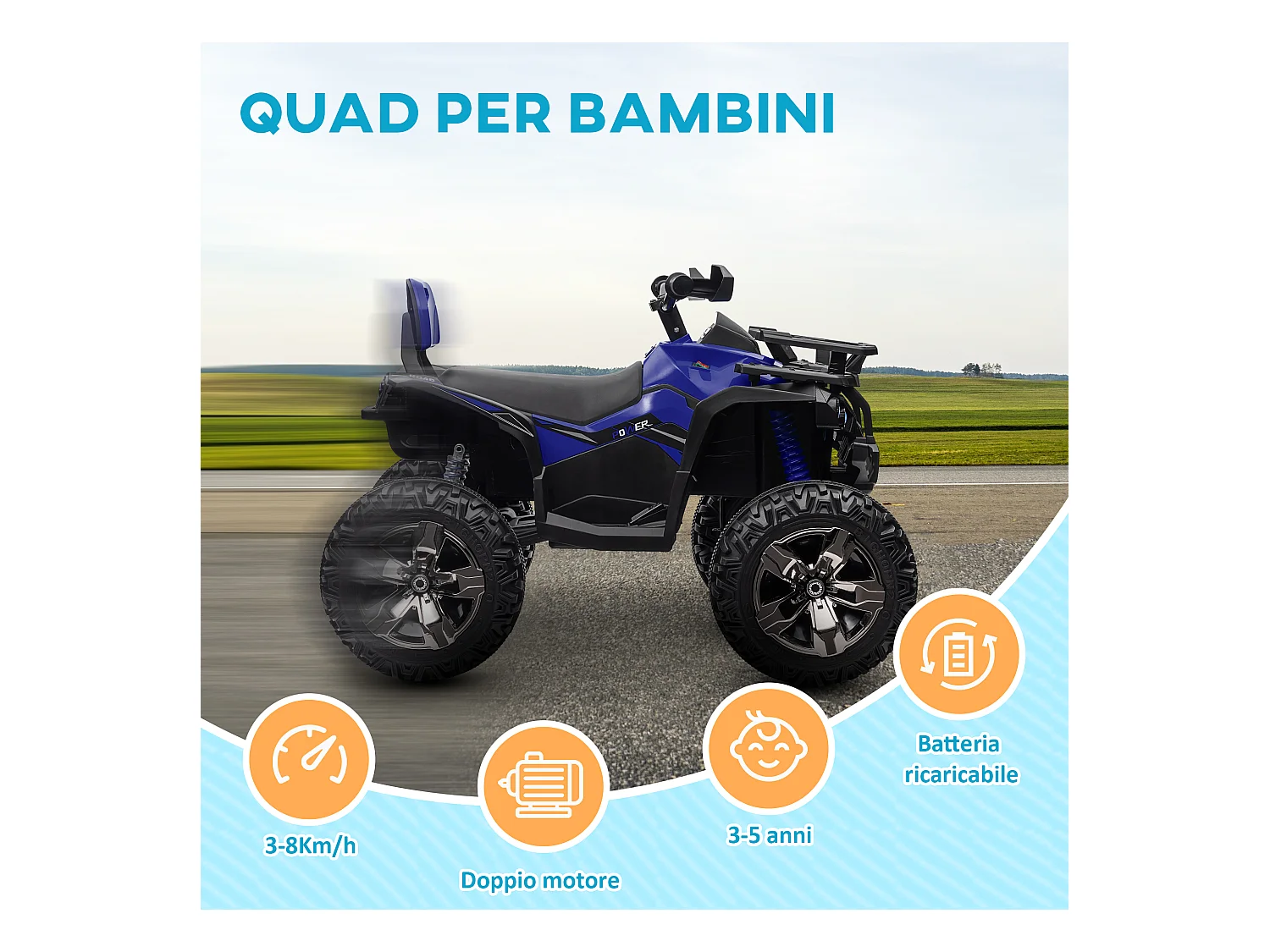 Quad elettrico per bambini 12v con fari e pedale in pp e metallo blu