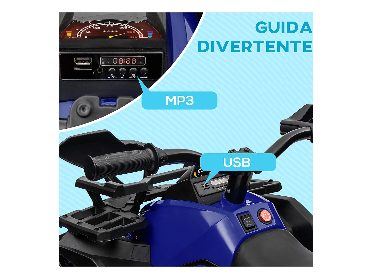 Quad elettrico per bambini 12v con fari e pedale in pp e metallo blu