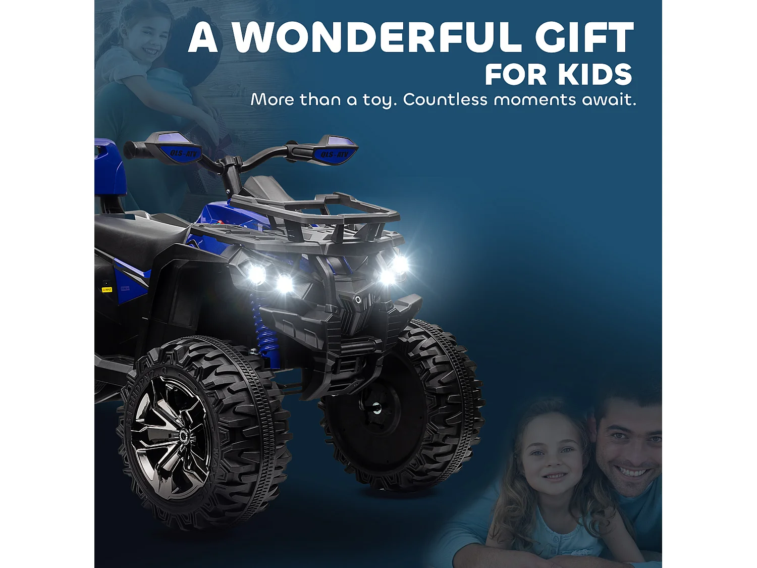 Quad elettrico per bambini 12v con fari e pedale in pp e metallo blu