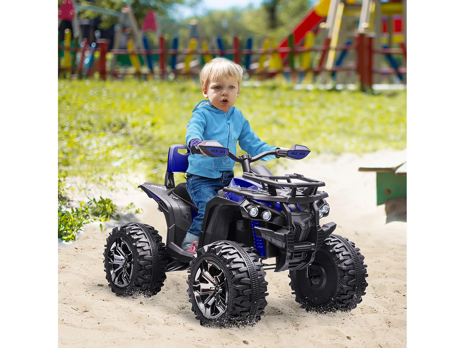 Quad elettrico per bambini 12v con fari e pedale in pp e metallo blu