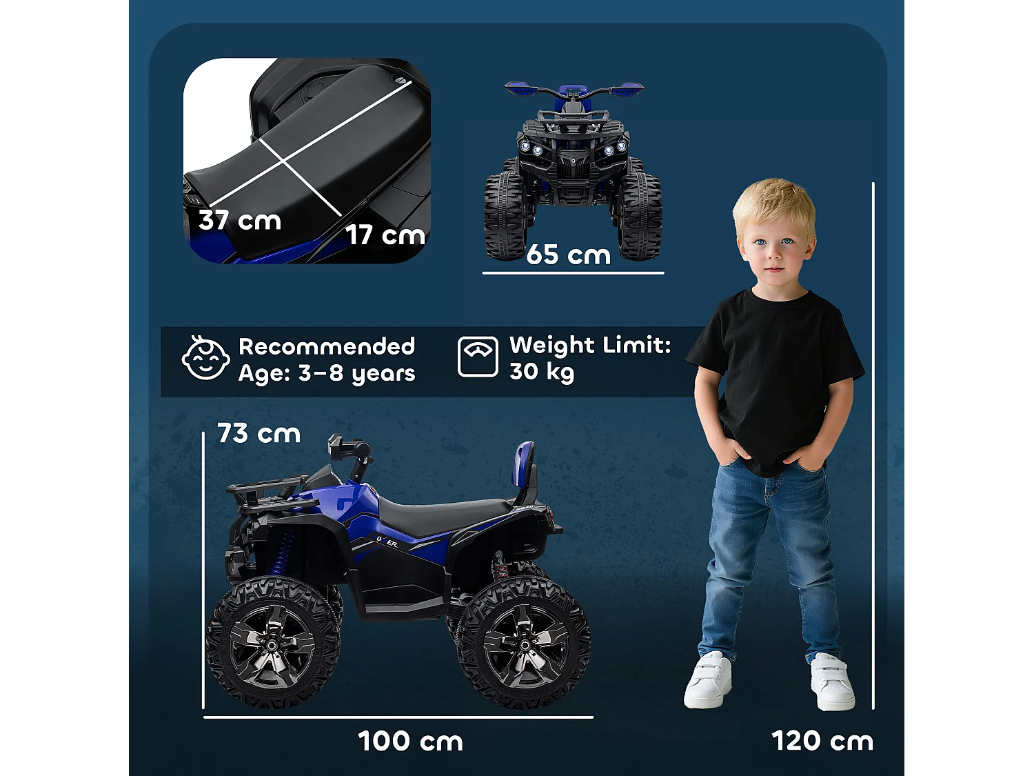 Quad elettrico per bambini 12v con fari e pedale in pp e metallo blu