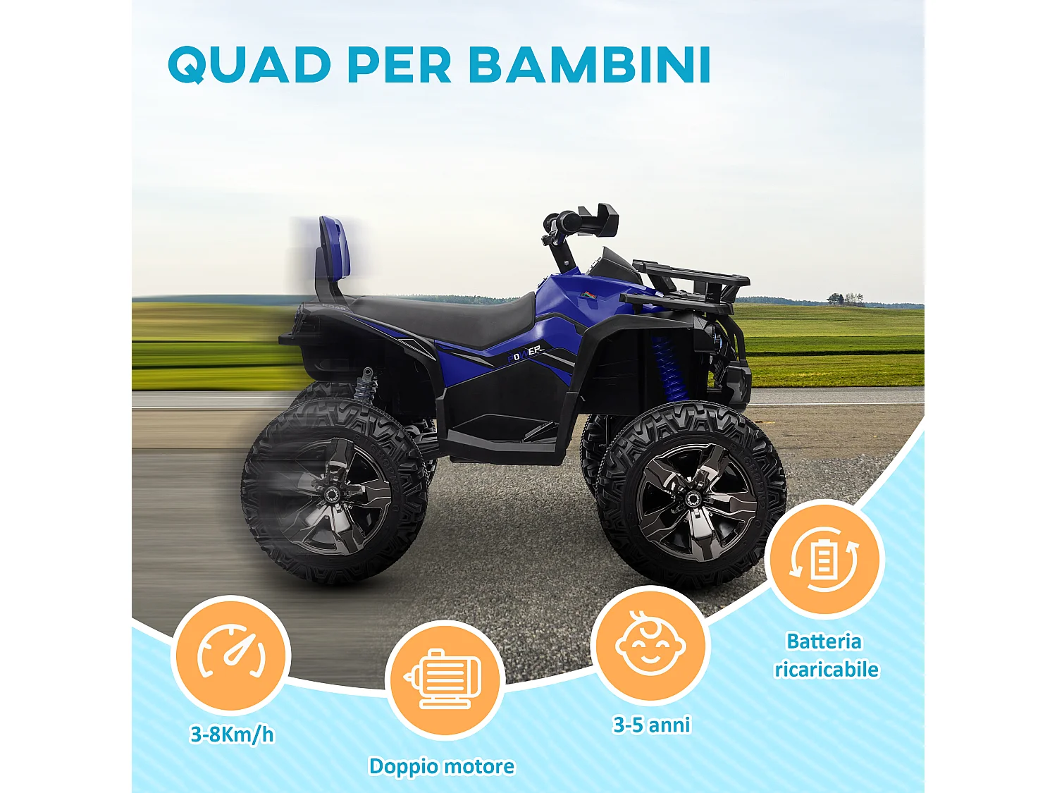 Quad elettrico per bambini 12v con fari e pedale in pp e metallo blu