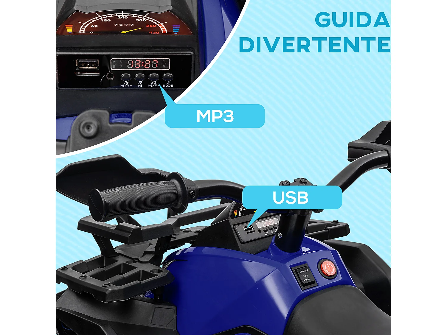 Quad elettrico per bambini 12v con fari e pedale in pp e metallo blu