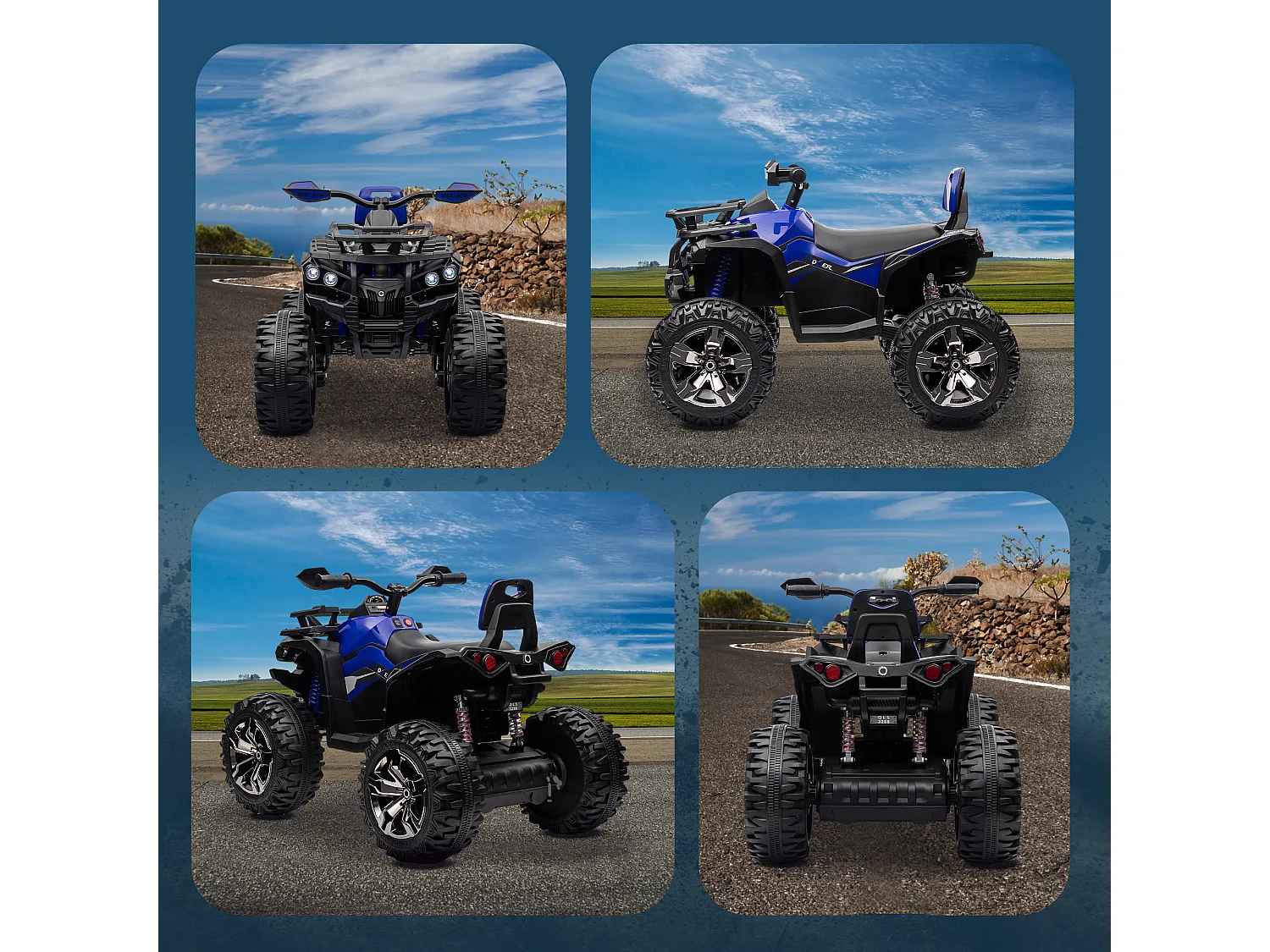 Quad elettrico per bambini 12v con fari e pedale in pp e metallo blu
