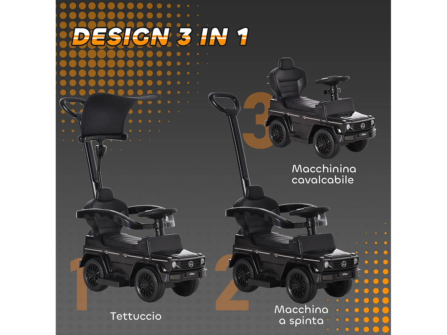 Macchina a spinta per bambini con tettuccio nero