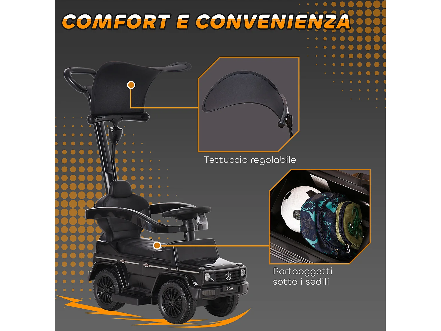 Macchina a spinta per bambini con tettuccio nero