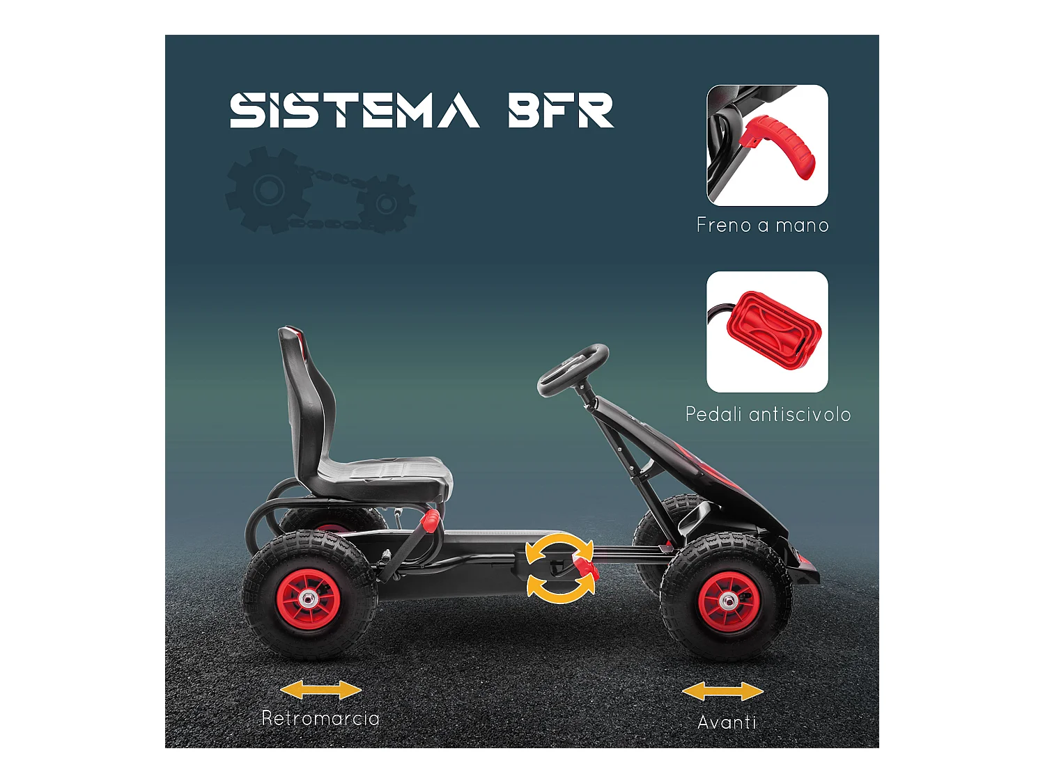 Go kart a pedali bambini 5-12 anni con sedile regolabile rosso