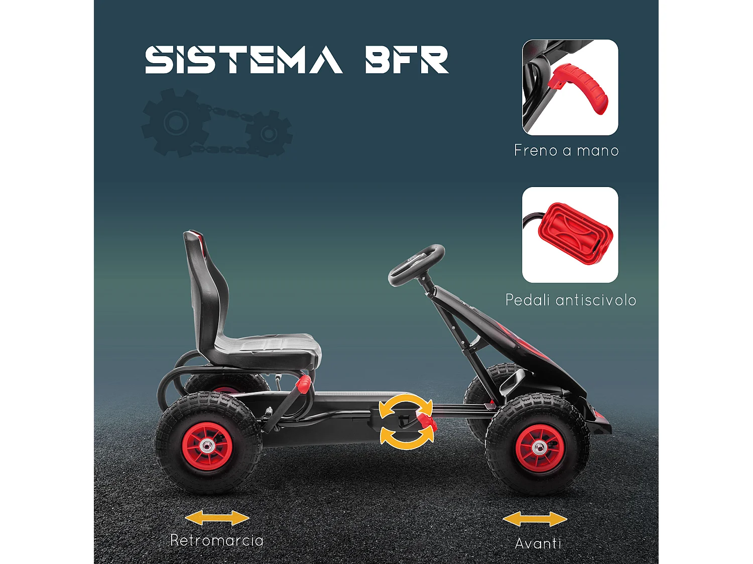 Go kart a pedali bambini 5-12 anni con sedile regolabile rosso