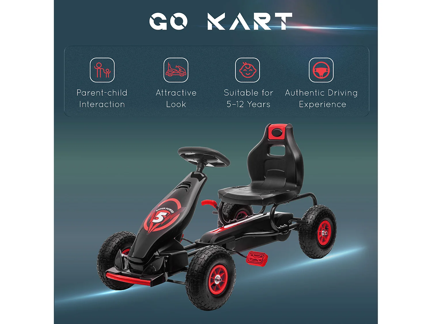 Go kart a pedali bambini 5-12 anni con sedile regolabile rosso