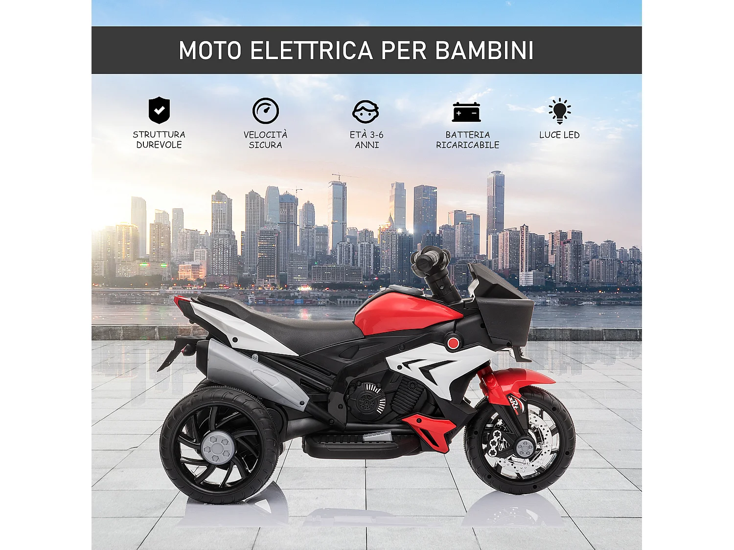 Moto elettrica per bambini 3-5 anni a 3 ruote rosso