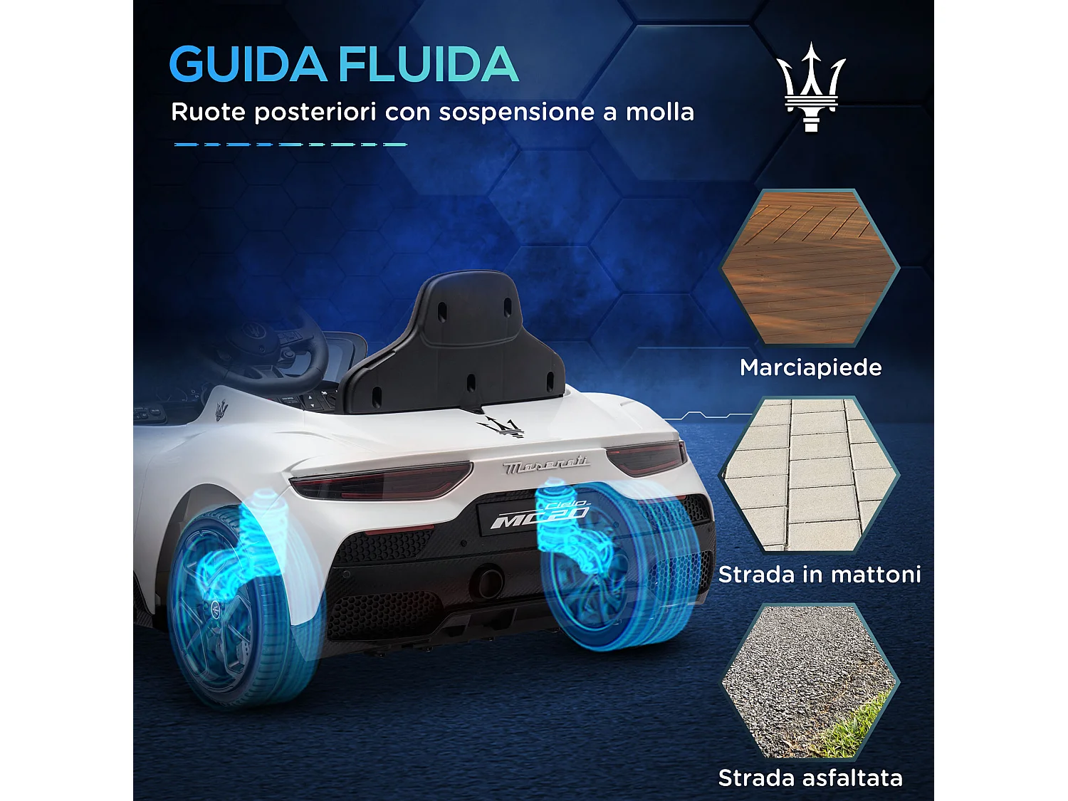 Macchina per bambini maserati mc20 con telecomando e fari bianco