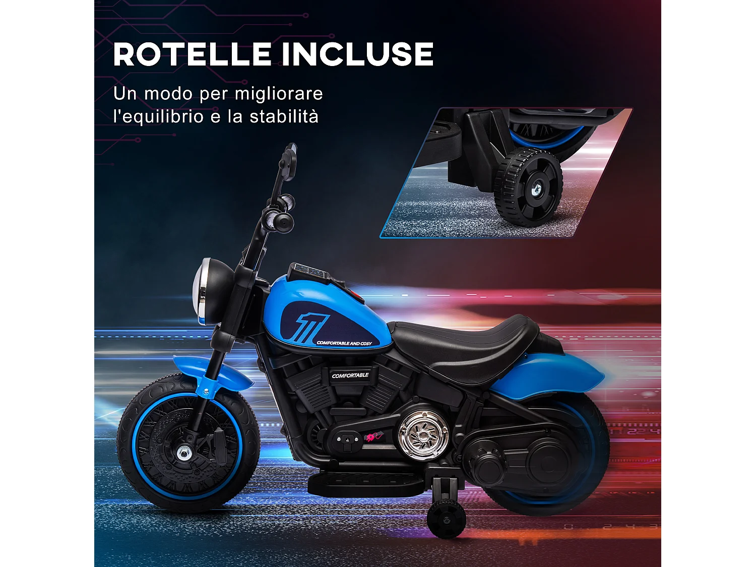 Moto elettrica per bambini 18-36 mesi con rotelle e fanale