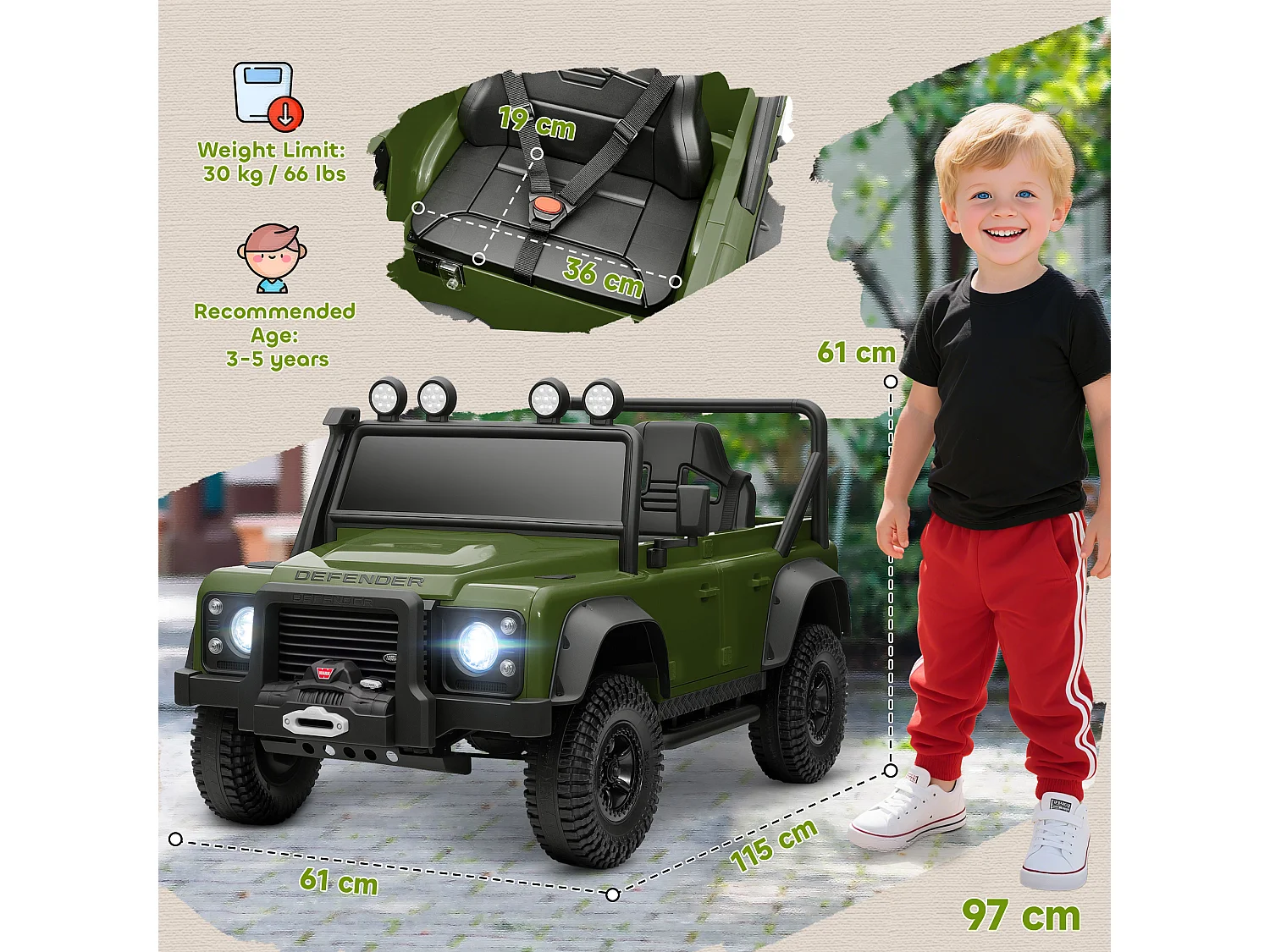 Macchina elettrica bambini 3-5 anni land rover con telecomando verde