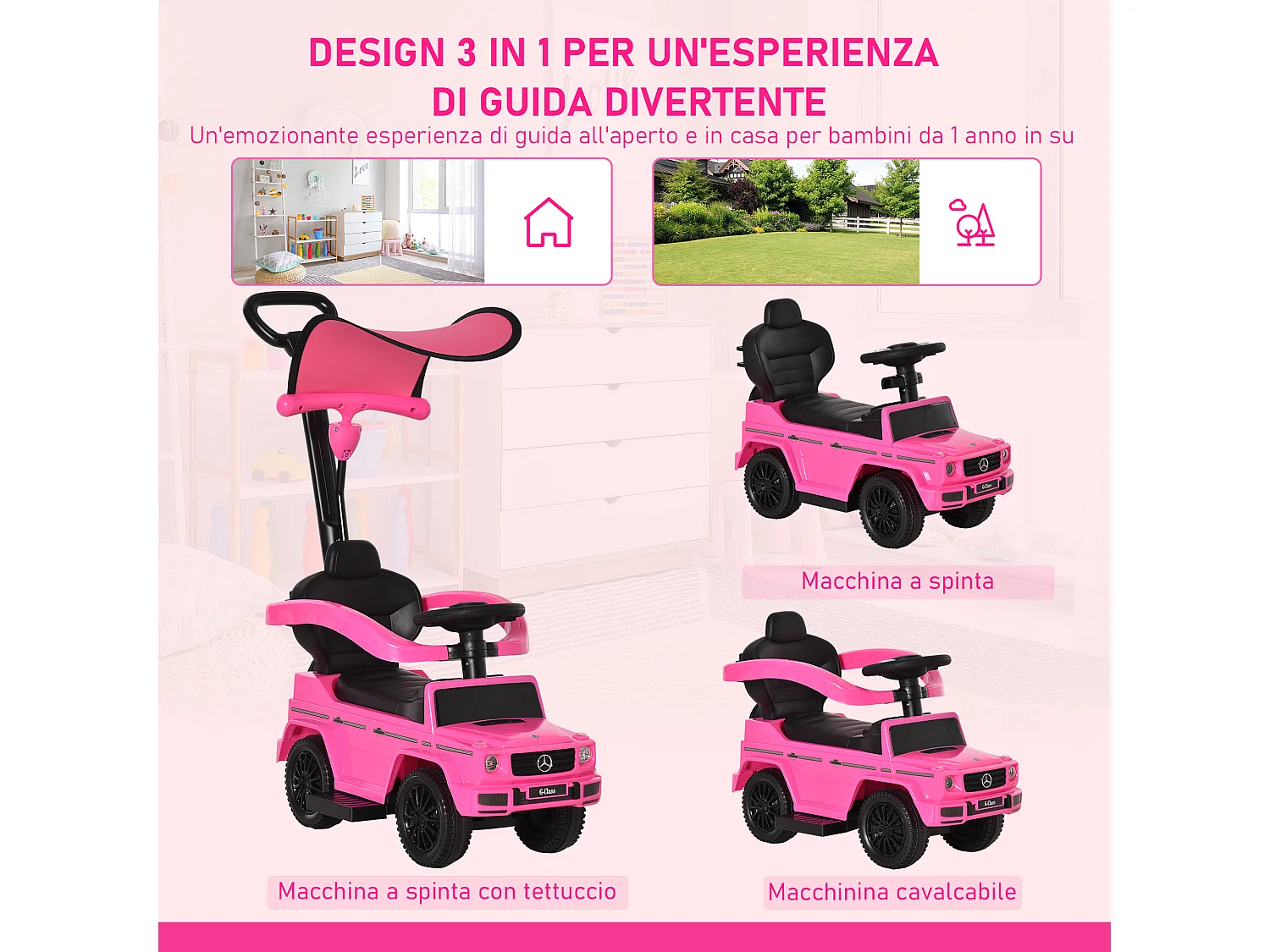 Macchina a spinta per bambini con tettuccio rosa